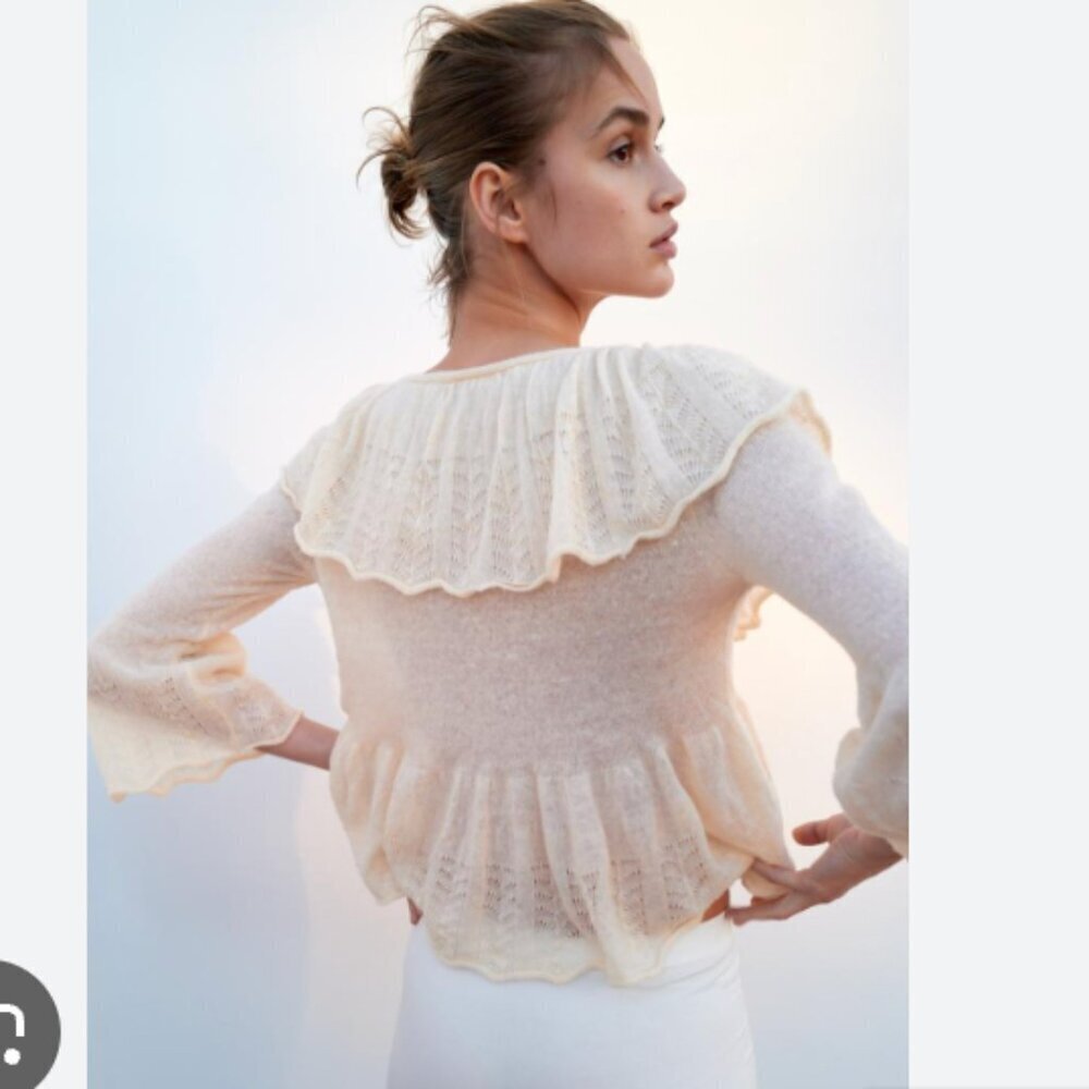 ZARA Cream Ruffle Fairy Button Pointelle Wool Blend Knit Romantic Blouse Top - Picture 4 of 12